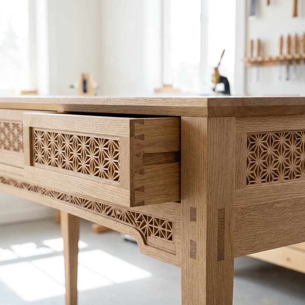 Close-up of the Asanoha kumiko pattern on the drawer front.